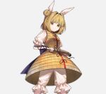  1girl armor armored_dress back_bow blonde_hair bow breasts closed_mouth commentary_request double_bun dress grey_background hair_bun hair_ribbon haniwa_(statue) highres holding joutouguu_mayumi keiki8296 looking_at_viewer medium_hair pants puffy_short_sleeves puffy_sleeves purple_bow ribbon short_sleeves simple_background small_breasts smile smug solo touhou vambraces white_pants white_ribbon yellow_armor yellow_dress yellow_eyes 