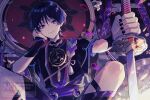  1boy armor bishounen black_bodysuit black_hair black_kimono black_nails black_shorts black_sleeves blunt_ends bodysuit clenched_hand commentary covered_collarbone egasumi falling_petals foreshortening furisode genshin_impact gold hair_intakes hand_on_own_face hands_up hat holding holding_sword holding_weapon japanese_armor japanese_clothes jewelry jingasa juban katana kimono kote kurokote layered_sleeves looking_at_viewer lower_eyelashes_only male_focus mandarin_collar mitsudomoe_(shape) neck_ring o-ring open_clothes open_kimono petals purple_background purple_eyes purple_petals purple_rope purple_sash purple_sleeves raised_eyebrow red_hat red_kimono red_sash rope sash scaramouche_(genshin_impact) shimenawa short_sleeves shorts sidelighting sitting smile smirk solo sword tassel teki_(kakari) tomoe_(symbol) tsurime twitter_username watermark weapon white_kimono white_rope wide_sleeves wispy_bangs 