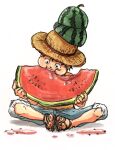  1boy artist_name biting black_eyes black_hair blue_shorts butterfly_sitting commentary eating food food_on_head fruit full_body hat highres holding holding_food holding_fruit looking_at_food looking_down male_focus monkey_d._luffy object_on_head one_piece oooooogu24 orange_shirt pants puffy_cheeks sandals scar scar_on_face shirt short_sleeves shorts simple_background sitting solo straw_hat twitter_username watermelon watermelon_seeds watermelon_slice white_background 