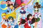  1boy 5girls :d \m/ aino_minako arm_up back_bow bishoujo_senshi_sailor_moon bishoujo_senshi_sailor_moon_(first_season) black_hair black_hat blonde_hair blue_bow blue_eyes blue_hair blue_sailor_collar blue_skirt boots bow bowtie brooch brown_hair chiba_mamoru choker cloak closed_mouth collared_shirt company_name copyright_name copyright_notice crescent crescent_choker crescent_earrings crescent_moon domino_mask earrings elbow_gloves everyone eye_mask finger_to_mouth floating_hair flower flower_earrings gloves green_eyes green_sailor_collar green_skirt hair_bobbles hair_bow hair_ornament half_updo happy hat highres hino_rei holding holding_ofuda holding_wand jewelry kino_makoto knee_boots long_hair looking_at_viewer magical_girl marco_albiero mask miniskirt mizuno_ami moon moon_stick_(sailor_moon) multiple_girls ofuda open_mouth orange_sailor_collar orange_skirt parted_bangs pink_bow pleated_skirt pom_pom_(clothes) ponytail purple_bow purple_eyes red_boots red_bow red_choker red_flower red_rose red_sailor_collar red_skirt rose sailor_collar sailor_jupiter sailor_mars sailor_mercury sailor_moon sailor_senshi_uniform sailor_venus shirt short_hair skirt smile sparkle star_(symbol) star_earrings stud_earrings talisman tiara top_hat transformation_brooch_(sailor_moon) tsukino_usagi tuxedo tuxedo_kamen twintails very_long_hair wand white_bow white_bowtie white_gloves white_shirt 