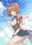  1girl blue_eyes blue_sky blush breasts brown_hair bubble cloud day glint hat laurelfalcon official_art open_mouth outdoors plaid plaid_skirt short_hair short_sleeves sid_story skirt sky small_breasts solo standing tilted_headwear treble_clef_hair_ornament watermark wrist_cuffs 