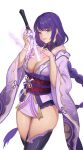  1girl absurdres bare_shoulders between_breasts blunt_bangs braid breasts cleavage detached_collar dhrmawk159 drawing_sword electricity english_commentary genshin_impact glowing glowing_sword glowing_weapon highres holding holding_sword holding_weapon human_scabbard japanese_clothes katana kimono large_breasts lingerie long_sleeves looking_at_viewer looking_to_the_side mitsudomoe_(shape) multicolored_hair musou_isshin_(genshin_impact) neck_ribbon off_shoulder parted_lips purple_eyes purple_hair purple_kimono purple_nails purple_thighhighs raiden_shogun red_ribbon red_sash ribbon sash shade simple_background single_braid streaked_hair sword sword_between_breasts thick_thighs thighhighs thighs tomoe_(symbol) underwear upper_body very_long_braid weapon weapon_between_breasts white_background wide_sleeves 
