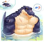 abdominal_scar absurd_res alligator alligatorid annoyed anthro arm_scar barazoku blue_body blue_scales chest_scar crocodilian digital_media_(artwork) ellipsis eye_scar facial_scar fishing_bobber fishing_line front_view fungiteh hi_res lily_pad looking_at_viewer male multicolored_body muscular muscular_anthro muscular_male neck_ridge object_in_mouth partially_submerged pecs pictographics plant reptile scales scalie scar solo speech_bubble tail tail_ridge two_tone_body water water_drop wet yellow_body yellow_scales yellow_sclera