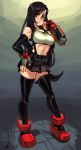  1girl alex_ahad ankle_boots black_hair black_skirt boots breasts commentary crop_top elbow_gloves elbow_pads english_commentary eyebrows_visible_through_hair final_fantasy final_fantasy_vii final_fantasy_vii_remake fingerless_gloves full_body gloves hair_flip hand_on_hip highres long_hair looking_at_viewer low-tied_long_hair medium_breasts padded_gloves red_eyes red_footwear red_gloves skirt solo sports_bra suspender_skirt suspenders thighhighs tifa_lockhart toned zettai_ryouiki 