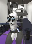  absurd_res amanda_(character) anthro athletic big_breasts black_hair blue_eyes bottomwear breasts clothed clothing domestic_cat felid feline felis female flexing fo9oku_(artist) gym hair hi_res mammal pose shirt shorts solo tank_top topwear tuxedo_cat weights 