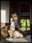  1girl animal_ears blonde_hair blue_tabard brown_eyes ceiling cleaning cleaning_rag commentary_request dress foliage fox_ears fox_girl fox_tail hidebo highres kneeling lips medium_hair multiple_tails nose parted_lips shadow shouji sliding_doors solo tabard tail touhou washtub white_dress wooden_floor yakumo_ran 
