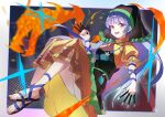  1girl alternate_color apron arm_ribbon between_fingers black_apron black_headscarf blue_hair bluerhozu commentary_request dress fire haniyasushin_keiki headscarf highres holding holding_tool jewelry long_hair looking_at_viewer magatama magatama_necklace necklace open_mouth ribbon single_strap smile solo toes tools touhou wood_carving_tool yellow_dress 