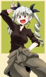  1girl anchovy aono3 bangs black_shirt clothes_around_waist drill_hair fang girls_und_panzer green_background green_hair hair_ribbon hand_on_hip hand_up long_hair open_mouth red_eyes ribbon shirt simple_background sleeves_rolled_up smile solo sweater_around_waist teeth tongue twin_drills twintails 