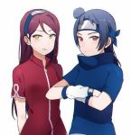  2girls blue_hair cosplay forehead_protector haruno_sakura haruno_sakura_(cosplay) highres long_hair love_live! love_live!_sunshine!! multiple_girls naruto_(series) red_hair sakurauchi_riko sellel side_bun tsushima_yoshiko uchiha_sasuke uchiha_sasuke_(cosplay) upper_body 