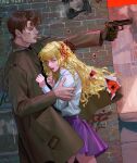  1boy 1girl absurdres blonde_hair blood blood_on_face brick_wall brown_coat brown_hair coat commentary english_commentary glock gloves gun handgun highres holding holding_gun holding_weapon long_hair original single_glove skirt sweatdrop vijoux weapon 
