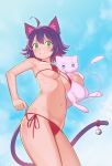  1girl adjusting_clothes adjusting_swimsuit ahoge animal_ears bell bikini blue_sky breasts cat_ears cat_tail commentary contrapposto cowboy_shot day english_commentary from_below from_side green_eyes highres jingle_bell large_breasts looking_at_viewer lowleg lowleg_bikini mew milim_nova_(artist) navel original outdoors parted_lips pokemon purple_hair red_bikini short_hair side-tie_bikini sky solo string_bikini swimsuit tail tail_bell underboob 