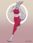  2019 anthro barefoot biped bottomwear breasts canid canine canis clothed clothing digital_media_(artwork) ear_piercing female fully_clothed fur green_eyes grey_fur head_tuft hi_res hybrid jogging kyreeanansi lagomorph leporid mammal midriff open_mouth open_smile pants piercing rabbit running shirt signature simple_background sleeveless smile solo teeth topwear wolf wolfpsalm 