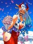  1girl artist_logo artist_name bare_shoulders borudbrian bouquet breasts cleavage commentary english_commentary falling_petals flower hair_flower hair_ornament hakama highres holding holding_bouquet horns japanese_clothes kimono large_breasts logo long_hair looking_at_viewer multicolored_hair one_piece open_mouth orange_eyes petals ponytail red_hakama smile solo white_hair white_kimono yamato_(one_piece) 