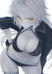  1girl ahoge breasts choker cleavage commentary_request fate/grand_order fate_(series) from_above gloves greyscale hair_between_eyes hand_on_hip highres imizu_(nitro_unknown) jacket jeanne_d&#039;arc_(alter_swimsuit_berserker) jeanne_d&#039;arc_(fate)_(all) lace large_breasts long_hair long_sleeves looking_at_viewer monochrome navel o-ring o-ring_bikini o-ring_bottom open_clothes open_jacket shiny shiny_skin single_thighhigh smile solo thighhighs upper_body white_background yellow_eyes 