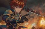  1boy armor blue_eyes cape eliwood_(fire_emblem) fire_emblem fire_emblem:_the_blazing_blade fire_emblem_heroes gloves holding holding_sword holding_weapon kaejunni pauldrons red_hair signature solo sword weapon 