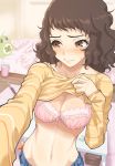  1girl bed blush bra breasts brown_eyes brown_hair cleavage clover cowboy_shot curling_iron four-leaf_clover groin highres kawakami_sadayo kurosususu looking_away medium_breasts navel persona persona_5 pink_bra self_exposure self_shot solo sweat trash_can underwear 