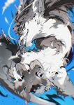 2026 5_fingers ambiguous_gender back_mane blue_background brown_hair brown_mane chiayeeee chromatic_aberration claws closed_smile digital_drawing_(artwork) digital_media_(artwork) dragon eastern_dragon feral fingers foreshortening front_view full-length_portrait fur furred_dragon furred_scalie grey_claws grey_eyes grey_pupils gums hair head_horn hi_res horn looking_at_viewer mane mouth_closed mythological_creature mythological_scalie mythology portrait pupils ringed_iris scalie signature simple_background smile solo tail_mane teeth tied_hair toe_claws toothy_grin white_body white_fur white_sclera
