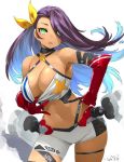  1girl azur_lane bare_shoulders black_choker blue_hair breasts choker cleavage commentary_request cowboy_shot criss-cross_halter gloves green_eyes hair_over_one_eye halterneck happa_(cloverppd) large_breasts long_hair looking_at_viewer multicolored_hair navel northampton_(azur_lane) parted_lips purple_hair red_gloves shorts solo star star_print white_shorts 