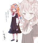  1girl bangs blush_stickers bow braid eyebrows_visible_through_hair flower frills full_body hair_between_eyes hair_bow hair_flower hair_ornament long_hair looking_at_viewer matanonki messy_hair nijisanji orange_hair otogibara_era smile solo standing virtual_youtuber white_background zoom_layer 