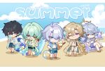  5boys absurdres alternate_costume anaxa_(honkai:_star_rail) aventurine_(honkai:_star_rail) ball beach beachball black_hair blonde_hair blue_eyes blue_hair blue_shorts blue_sky brown_hair chibi chinese_text closed_mouth cloud commentary_request crossed_legs cup dafu_zhentan dan_heng_(honkai:_star_rail) day drink drinking_glass drinking_straw english_text eyepatch food fruit full_body green_eyes green_hair grey_hair hair_between_eyes highres holding holding_cup honkai:_star_rail honkai_(series) ice_cream ice_cream_cone jacket jewelry juice long_hair looking_at_viewer male_focus male_swimwear mixed-language_text multicolored_eyes multiple_boys necklace one_eye_closed open_clothes outdoors phainon_(honkai:_star_rail) pink_hair purple_eyes red_eyes sand sand_castle sand_sculpture sandals seashell shell shirt short_hair shorts sitting sky smile speech_bubble standing sunday_(honkai:_star_rail) swim_trunks swimsuit white_shirt yellow_eyes yellow_pupils 