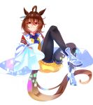  1girl agnes_tachyon_(tach-nology)_(umamusume) agnes_tachyon_(umamusume) ahoge animal_ears black_pantyhose brown_hair chemical_structure coat commentary_request earrings hair_between_eyes horse_ears horse_girl horse_tail jewelry lab_coat long_sleeves looking_at_viewer morimoru413 necktie open_mouth pantyhose red_eyes shirt shoes short_necktie simple_background single_earring sleeves_past_fingers sleeves_past_wrists smile solo sweater sweater_vest tail umamusume white_background white_coat white_shoes wolf_cut yellow_sweater yellow_sweater_vest 