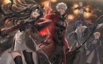  2girls 3boys archer_(fate) archer_(honkai:_star_rail)_(fate) artoria_pendragon_(fate) black_hair black_shirt blonde_hair blue_dress blue_eyes blue_hair bow_(weapon) breasts coat commentary cu_chulainn_(fate) cu_chulainn_(honkai:_star_rail)_(fate) cu_chulainn_(lancer)_(fate) dark-skinned_male dark_skin dress fate/stay_night fate/unlimited_blade_works fate_(series) fur-trimmed_jacket fur_trim gate_of_babylon_(fate) gem gilgamesh_(fate) gilgamesh_(honkai:_star_rail)_(fate) grey_shirt highres holding holding_bow_(weapon) holding_weapon honkai:_star_rail honkai_(series) jacket large_breasts long_hair multiple_boys multiple_girls red_coat red_jacket rho_aias saber_(fate) saber_(honkai:_star_rail)_(fate) shirt short_hair skirt tohsaka_rin tohsaka_rin_(honkai:_star_rail) twintails very_long_hair weapon white_hair white_skirt yeon_gaeng 
