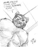 2024 abs absurd_res anthro ceiling dialogue felid hi_res humor looking_at_viewer male mammal mask mjw_darkmode monochrome musclegut muscular nipples pantherine pecs signature simple_background small_ears solo traditional_media_(artwork)