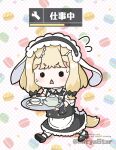  1girl :< animal_ear_fluff animal_ears apron arknights arknights:_endfield black_hairband black_shoes black_skirt black_vest blonde_hair blush braid braided_bangs chibi collared_shirt commentary_request cosplay cup drop_shadow employee_uniform fake_animal_ears fang fleur_de_lapin_uniform flying_sweatdrops gochuumon_wa_usagi_desu_ka? hairband holding holding_tray mitya open_mouth pantyhose polka_dot polka_dot_background puffy_short_sleeves puffy_sleeves rabbit_ears rossi_(arknights) saucer shirt shoes short_eyebrows short_sleeves skirt skirt_set solo sweat tail teacup teapot thick_eyebrows translation_request transparent tray triangle_mouth twitter_username v-shaped_eyebrows vest waitress watermark white_apron white_pantyhose white_shirt wrist_cuffs 