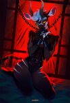 antelope anthro bdsm beastars bed big_butt bongo_(antelope) bound bovid bovine breasts butt ceilo_(wafflezcol) chain chained chained_collar chained_cuffs claw_marks clothing collar cuffs_(clothing) deer emotionless female food food_creature furniture glowing glowing_background glowing_eyes hands_tied hooves horn kiliankuro kneeling lingerie mammal neck_chain on_bed red_glow small_breasts solo spiral-horned_antelope stripes tail thick_thighs