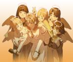 0xmalam 6+girls absurdres angel angel_wings black_hair blonde_hair brown_hair carrying carrying_person closed_eyes feathered_wings gradient_background haibane_renmei halo highres hikari_(haibane_renmei) kana_(haibane_renmei) kuu_(haibane_renmei) long_skirt multiple_girls nemu_(haibane_renmei) orange_background piggyback ponytail rakka_(haibane_renmei) reki_(haibane_renmei) short_hair skirt smile wings 