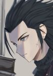  1boy ao_ringo_(yakirinngo_ha) armor black_hair black_shirt blue_eyes buster_sword closed_mouth commentary_request cross_scar earrings final_fantasy final_fantasy_vii from_side grey_background hair_slicked_back holding holding_sword holding_weapon jewelry male_focus pauldrons ribbed_shirt scar scar_on_cheek scar_on_face shirt short_hair shoulder_armor sideburns single_earring sleeveless sleeveless_turtleneck solo stud_earrings sword turtleneck upper_body weapon zack_fair 