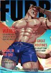 abs anthro beach big_muscles big_pecs body_hair bottomwear bulge clothing cougar cover detailed_background english_text felid feline happy_trail hi_res light magazine magazine_cover male mammal muscular muscular_anthro muscular_male outside pecs photo_shoot ricius_teck sea shiby_(shibyokami) shibyokami shore shorts sunlight sunset surfboard surfer swimming_trunks swimwear text water wave wet wet_body wet_clothing