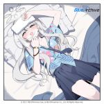  1girl blue_archive blue_necktie blue_shirt blue_skirt blush breasts commentary copyright_name cowboy_shot english_commentary fever floral_print floral_print_shirt grey_eyes grey_hair grey_halo guest_art halo hand_on_mask hand_on_own_forehead hawaiian_shirt konoka_(blue_archive) long_hair looking_at_viewer loose_necktie lying mask mask_pull miniskirt mouth_mask necktie no_jacket ohihil on_back on_bed open_mouth partially_open_shirt pleated_skirt print_shirt second-party_source shirt short_sleeves skirt small_breasts smile solo surgical_mask towel towel_on_head white_mask 