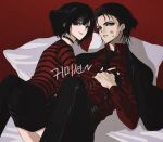  1boy 1girl bed_sheet black_choker black_eyes black_jacket black_necktie black_pants black_skirt blunt_bangs choker collared_shirt commentary_request couple dress_shirt eren_yeager grey_eyes hair_bobbles hair_bun hair_ornament half_updo hand_on_another's_chest hetero holding_hands jacket jacket_on_shoulders korean_commentary lipstick_mark lipstick_mark_on_face looking_at_viewer mikasa_ackerman necktie pants parted_lips pillow pinky_ring red_background red_shirt red_theme ripongazx shingeki_no_kyojin shirt short_twintails skirt smile striped_clothes striped_shirt suit_jacket suspenders twintails 