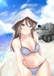  1girl arikawa_rui beach bikini black_hair bt-42 cloud day emblem girls_und_panzer ground_vehicle hat highres keizoku_(emblem) long_hair mika_(girls_und_panzer) military military_vehicle motor_vehicle sand sky smile swimsuit tank 