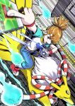  1girl absurdres ankle_boots arm_up belt belt_buckle belt_pouch between_fingers blue_eyes blue_fire boots broken_heart_print brown_hair buckle card card_between_fingers commentary_request d-ark denim digimon digimon_(creature) digimon_tamers digivice eikenkobayashi extra_tails eye_trail fire fox highres hitodama holding holding_card jeans kitsune kouhaku_nawa kyuubi kyuubimon light_trail makino_ruki motion_lines multiple_tails neck_fur open_mouth pants ponytail pouch raglan_sleeves red_boots riding_digimon rope running shimenawa shirt short_hair speed_lines t-shirt tail thigh_belt thigh_strap wristband yellow_fur yin_yang 
