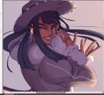  1girl astrozure coat commentary cowboy_hat crossed_arms earrings english_commentary fur-trimmed_coat fur_trim hat jewelry long_hair looking_back nico_robin one_piece smile solo upper_body 