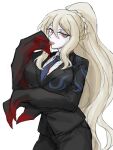  1girl artist_request blood braid braided_base breasts claws colored_skin commentary cosplay elizabeth_(wight) grey_skin highres large_breasts library_of_ruina licking licking_blood licking_finger long_hair monster_girl_encyclopedia necktie original ponytail ponytail_with_braided_base project_moon red_eyes simple_background solo suit undead vampire very_long_hair white_skin wight_(monster_girl_encyclopedia) 