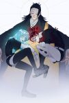  3boys black_hair black_shirt black_shorts black_socks black_thighhighs choso_(jujutsu_kaisen) closed_mouth commentary_request crystal_hair facial_mark geto_suguru highres houseki_no_kuni jujutsu_kaisen kenjaku mahito_(jujutsu_kaisen) male_focus multiple_boys shirt shorts socks stitched_arm stitched_forehead stitches thighhighs tongue tongue_out uorui white_background yellow_eyes 