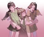  0xmalam 3girls absurdres black_dress black_hair braid brown_hair closed_eyes dress glasses gradient_background haibane_renmei hair_ornament hairclip halo highres kuramori_(haibane_renmei) lifting_person multiple_girls nemu_(haibane_renmei) reki_(haibane_renmei) short_hair smile twin_braids 