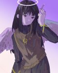  0xmalam absurdres angel_wings black_hair black_shirt bracelet cigarette dreamcatcher facing_viewer gradient_background haibane_renmei halo highres holding holding_cigarette jewelry light_smile long_hair long_sleeves necklace purple_background reki_(haibane_renmei) shirt skirt solo_focus sweater_vest traditional_halo upper_body wings 