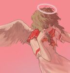  0xmalam 1girl absurdres angel angel_wings brown_hair crying crying_with_eyes_open dress haibane_renmei halo highres looking_to_the_side messy_hair orange_sailor_collar pink_background rakka_(haibane_renmei) sailor_collar sailor_dress short_hair short_hair_with_long_locks solo_focus tears traditional_halo wings 