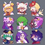  6+girls absurdres adjusting_eyewear animal_ears asakura_rikako bags_under_eyes bandaged_head bandages bell bird black_hairband blonde_hair blue_hat blunt_bangs bow cat_ears chicken cracked_skin crescent crescent_hat_ornament disembodied_linked_eye double_bun fangs feathers from_side glasses glowing glowing_eye goutokuji_mike green_hair grey_background hair_bun hairband haniwa_(statue) hat hat_ornament highres jingle_bell jitome joutouguu_mayumi kazami_yuuka komeiji_satori maletoh miyako_yoshika mob_cap multicolored_hair multiple_girls niwatari_kutaka ofuda ofuda_on_head one_eye_covered open_mouth orange_eyes patchouli_knowledge pointy_ears purple_eyes purple_hair purple_hat red_eyes red_ribbon ribbon ringed_eyes rod_of_remorse saliva scared serious sharp_teeth shiki_eiki short_eyebrows slit_pupils smile star_(symbol) star_hat_ornament stifled_laugh straight_hair surprised sweatdrop teeth touhou touhou_(pc-98) v-shaped_eyebrows white_hairband wings yellow_bow yellow_eyes zombie 