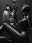  3girls android atomic_heart b1biana_777 braid breasts clothed_robot commentary crown_braid dark_background english_commentary faceless faceless_female feet_out_of_frame from_side greyscale highres humanoid_robot jacket joints left_(atomic_heart) looking_to_the_side lucy_(reverse:1999) medium_breasts metal_skin monochrome multiple_girls reverse:1999 right_(atomic_heart) robot robot_girl robot_joints shirt short_hair sitting turning_head 