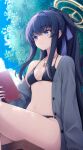  1girl bags_under_eyes bikini black_bikini blue_archive book breasts brown_halo cardigan commentary_request grey_cardigan hairband halo highres holding holding_book matsuuni o-ring o-ring_bikini o-ring_bottom o-ring_top official_alternate_costume open_cardigan open_clothes ponytail purple_hairband sitting small_breasts solo swimsuit ui_(blue_archive) ui_(swimsuit)_(blue_archive) 