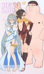  1boy 2girls :/ absurdres armpit_crease azura_(fire_emblem) bare_legs barefoot bikini black_eyes black_hair blue_bikini blue_bow blue_hair blush bow breasts brown_eyes brown_hair cleavage cleft_chin closed_mouth clothed_female_nude_male clothing_request commentary commission cross cross_pasties crossover detached_sleeves dress east-west_crossover english_commentary english_text family_guy fat fat_man fire_emblem fire_emblem_fates frown glasses green_eyes hair_between_eyes hair_over_one_eye hand_on_own_hip headdress heart highres japanese_clothes kagero_(fire_emblem) kowai_(iamkowai) large_breasts leaning_forward long_hair long_hair_between_eyes long_sleeves looking_at_viewer looking_to_the_side multiple_girls notice_lines nude one_eye_closed pantyhose pasties peter_griffin ponytail puff_of_air round_eyewear sandals scarf short_hair shy single_leg_pantyhose small_breasts smile standing swimsuit thigh_armor thigh_strap thighs tiptoes turning_head v very_long_hair white_dress white_pantyhose white_sleeves yellow_scarf 