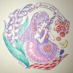  1girl 4872wou6ka absurdres apple apron banana blush bright_pupils character_name closed_mouth colored_skin commentary_request double-parted_bangs english_text flower food fruit hair_behind_ear hair_between_eyes highres lily_of_the_valley long_hair looking_at_viewer mari_(headspace)_(omori) mari_(omori) omori orange_(fruit) pleated_skirt purple_apron purple_eyes purple_hair red_skirt skirt smile solo traditional_media white_pupils white_skin 