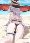  1girl absurdres ass beach blue_sky blush cameltoe commentary elaina_(majo_no_tabitabi) embarrassed frilled_thigh_strap from_behind grey_hair hat highres k2_(kazu1030) long_hair looking_at_viewer lying majo_no_tabitabi nose_blush on_stomach purple_eyes sky solo thigh_strap twitter_username very_long_hair witch_hat 