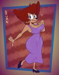 abstract_background alternate_version_at_paywall anthro big_breasts black_nose blue_eyes breasts cleavage clothed clothing digital_drawing_(artwork) digital_media_(artwork) disney domestic_cat dress ear_piercing ear_ring felid feline felis female footwear fur gavanzude goof_troop hair hand_on_breast hi_res high_heels mammal peg_pete piercing purple_clothing purple_dress red_hair ring_piercing shoes signature solo tan_body tan_fur walking wide_hips