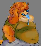 anthro belly blue_tongue bodily_fluids canid canine canis catponything chow_chow clothed clothing domestic_dog drooling english_text fluffy hi_res male mammal mixed_breed muffin_(catponything) overweight overweight_male profanity saliva solo spitz text tongue